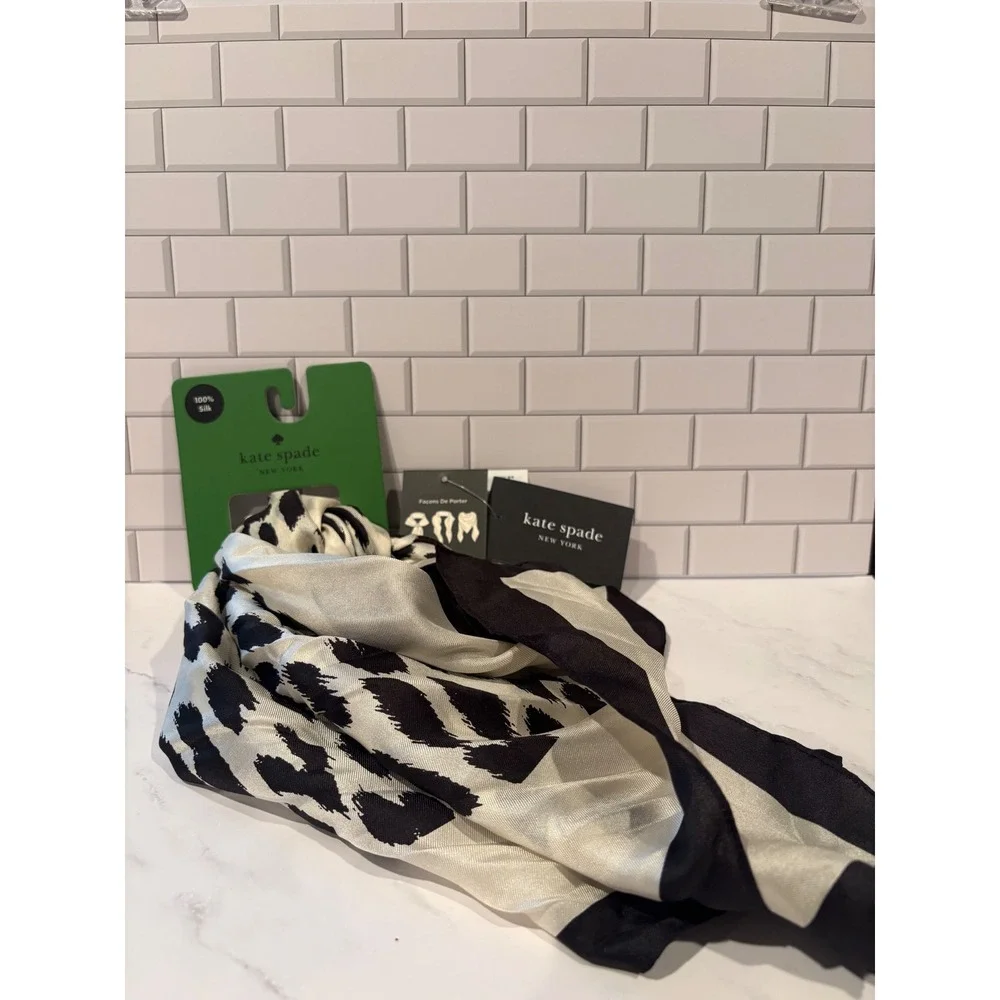 Kate Spade New York Silk Square Scarf Black White Animal Leopard Print NWT